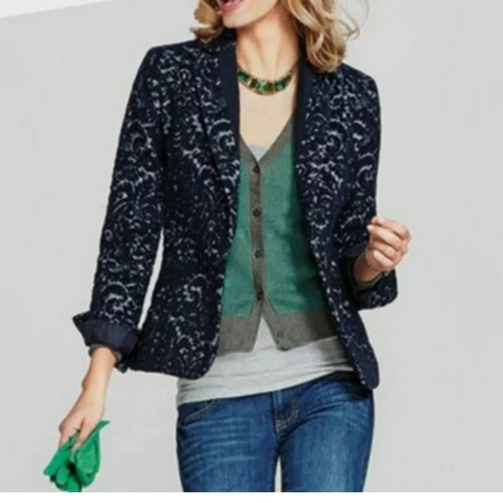 CAbi Navy Blue Wool Jacquard Lined Flocked Jacket